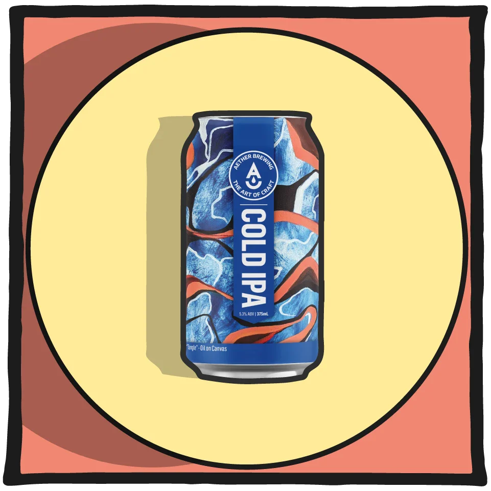 Can of Brisbane Cold IPA - limited edition beer brewed by Aether Brewing Australia on an artistic sketch style fram with shapes and colours.