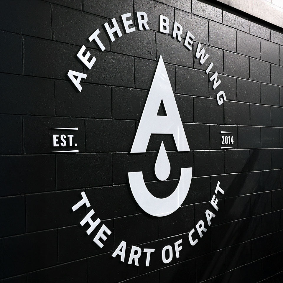 Aether Brewing logo on the craft brewery and taproom wall in Northgate, Brisbane.