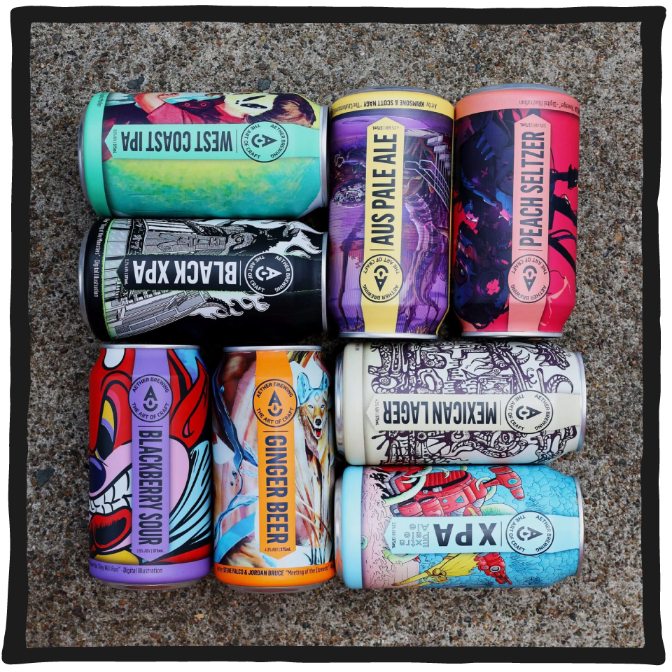 Brisbane craft brewery Aether Brewing's cans of IPA, XPA, Pale Ale, Sour, Ginger Beer, Lager, Mid, and hard Seltzer arranged on a concrete background with a black sketchy border.