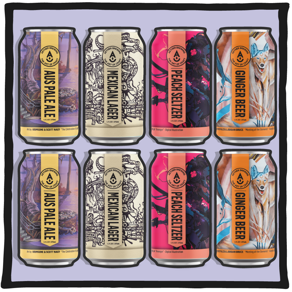Aether Brewing Crowd Pleaser Mixed Pack – eight Brisbane craft beers and ginger beers with vibrant can artwork on a soft purple background