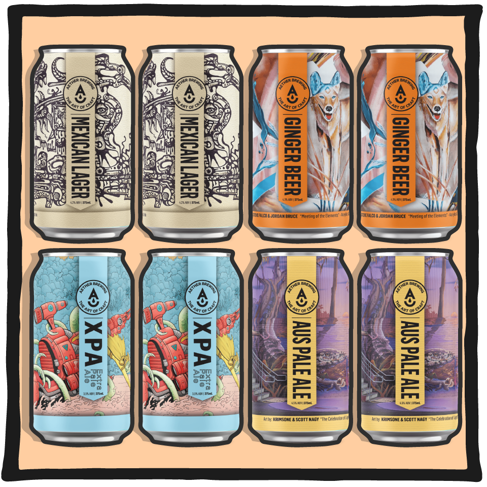 Aether Brewing Favourites Mixed Pack – eight Brisbane craft beers featuring lagers, ales, and seltzers on a pastel orange background