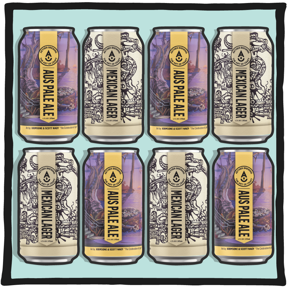 Aether Brewing Lager & Pale Ale Mixed Pack – eight Brisbane craft beers including lagers and pale ales on a blue background