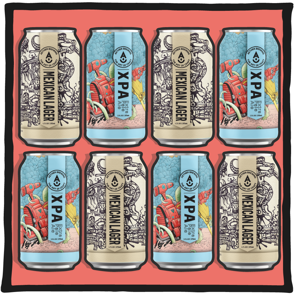 Aether Brewing Mid-Strength & Lager Mixed Pack – eight easy-drinking Brisbane craft beers in a mixed pack on a warm coral red background