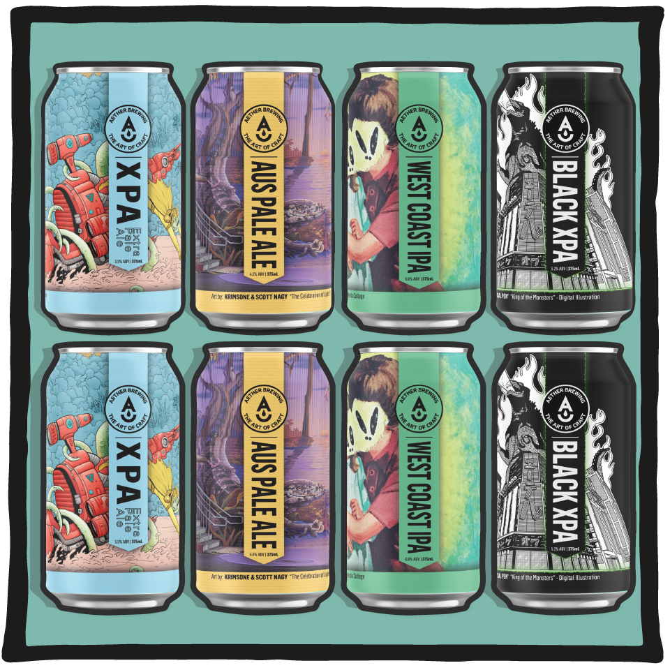 Aether Brewing Pale Ale Mixed Pack – eight Brisbane craft beers featuring XPA, Pale Ale, Black XPA and IPA styles in a mixed pack on a turquoise background