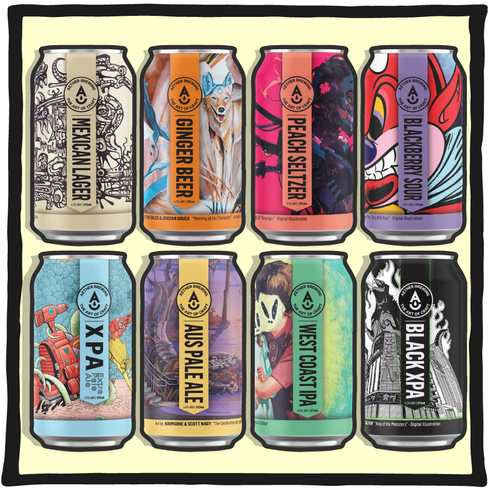 Aether Brewing Sampler Mixed Pack – eight Brisbane craft beers, ginger beer and seltzers in a mixed pack with colourful can artwork on a light blue background