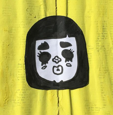 An abstract and minimalist black-and-white illustration of a face, drawn on a bright yellow textured background with faint text visible underneath. The image conveys a playful and quirky artistic style, reflecting Bella Raftery's distinctive approach.