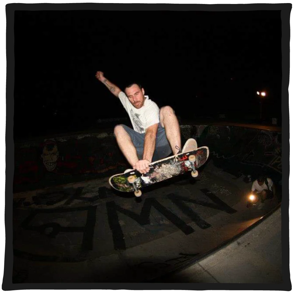 Australian Artist Sarge Jhorgenson skateboarding in a bowl at night. Gnarley Indy. Bravo.