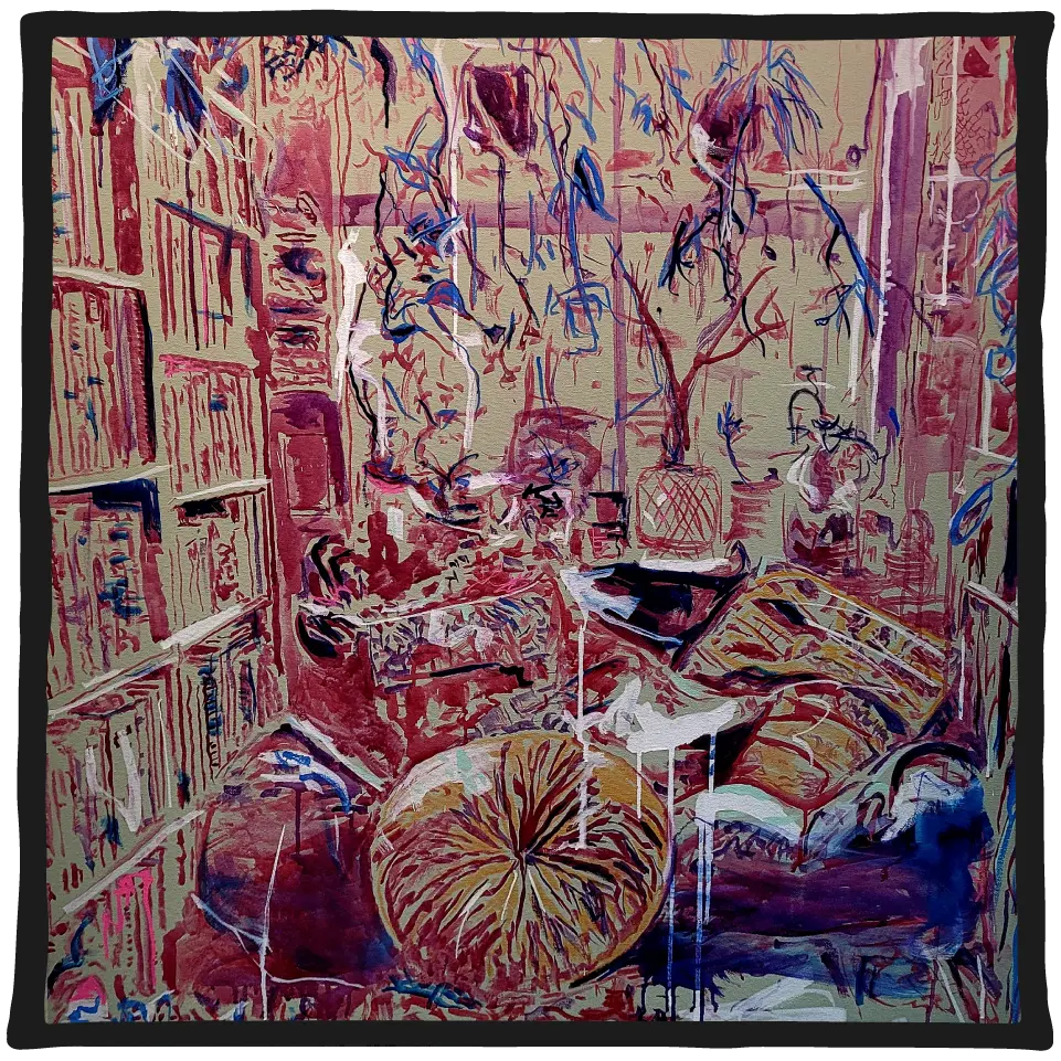 Painting Comfort Zones by Sarge Jhorgenson, featured on Aether Brewing's English IPA showing an interior room with bookshelves, hanging plants, furniture and layered pink, purple and blue brushwork.