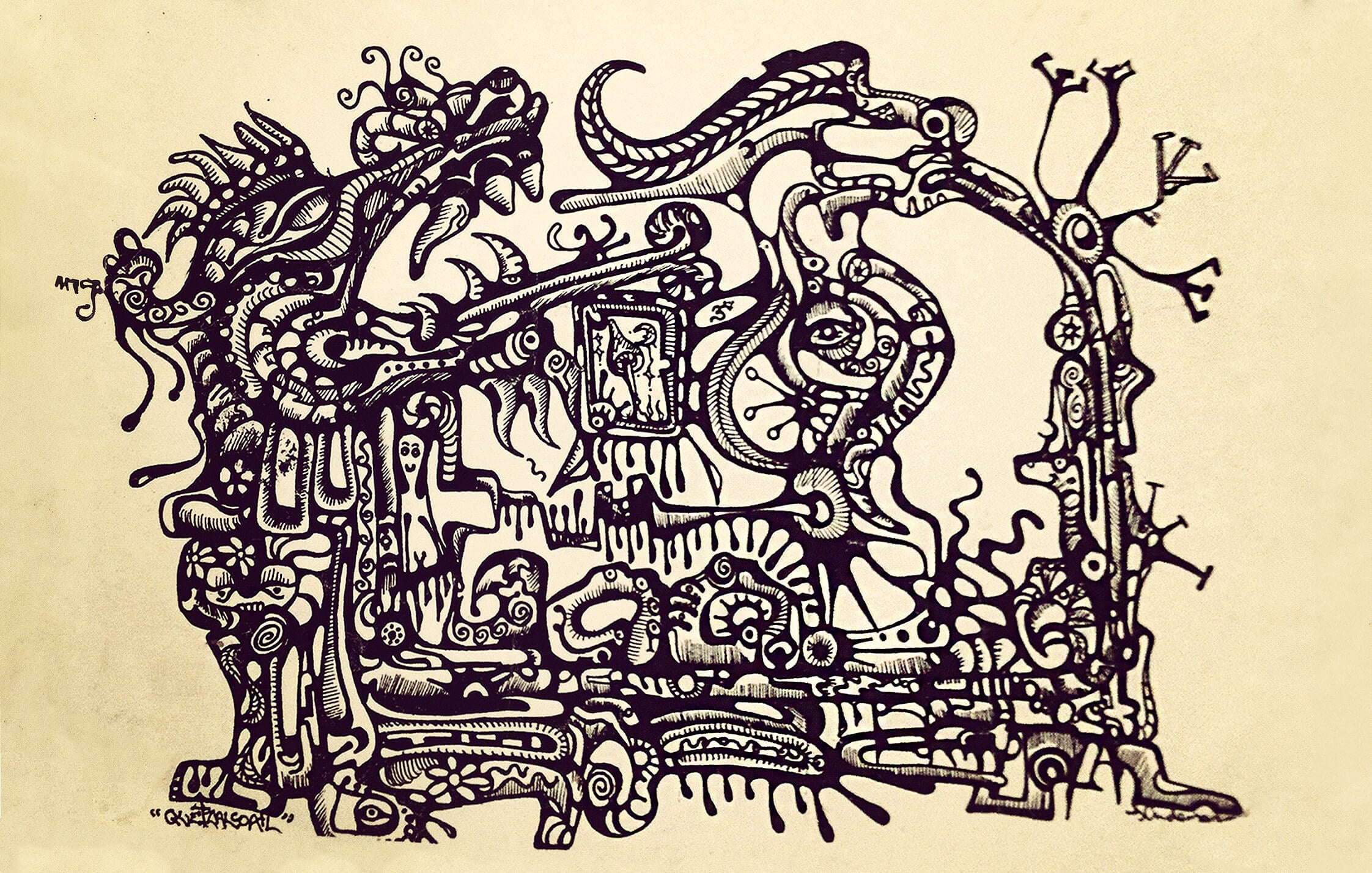 An intricate black and white line art piece titled 'Ichtek' by Facter, inspired by ancient Mayan art and traditional Mexican artistic styles. The composition includes flowing organic shapes, surreal creatures, and symbolic motifs, reminiscent of Aztec and Mayan iconography. The detailed and geometric designs evoke a sense of ancient mythology and storytelling deeply rooted in Mesoamerican culture.