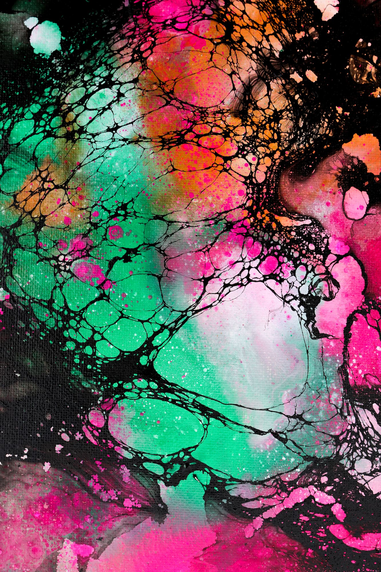 Featured on Aether Brewing Barrel Aged Cherry Sour. Abstract beer art by David Bottrell with green, pink, and black colors on a dark background. Brisbane, Australia.