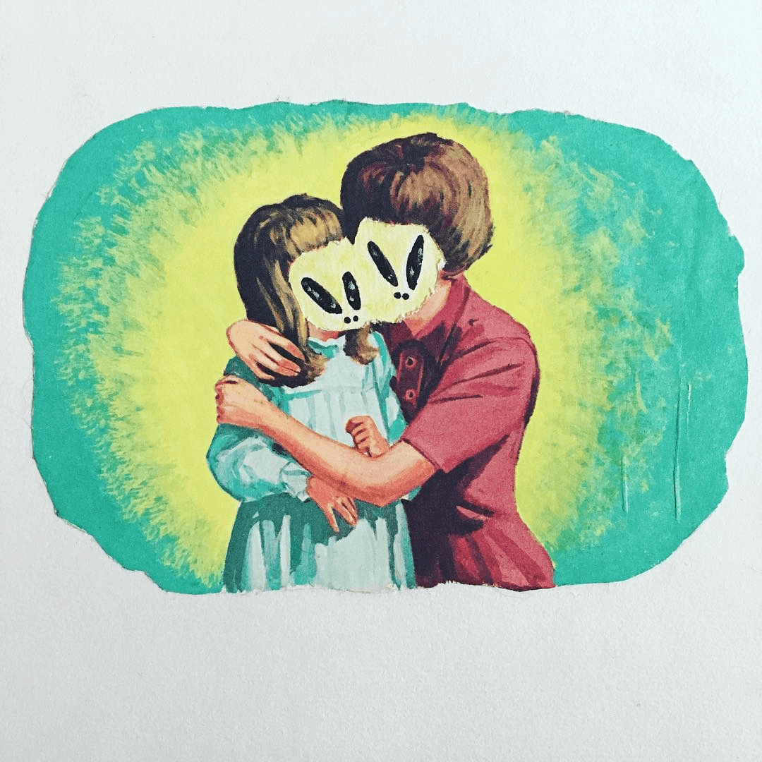 Surreal painting 'Nuclear Family' by Bella Raftery showing a mother and daughter with featureless faces against a yellow and teal backdrop.