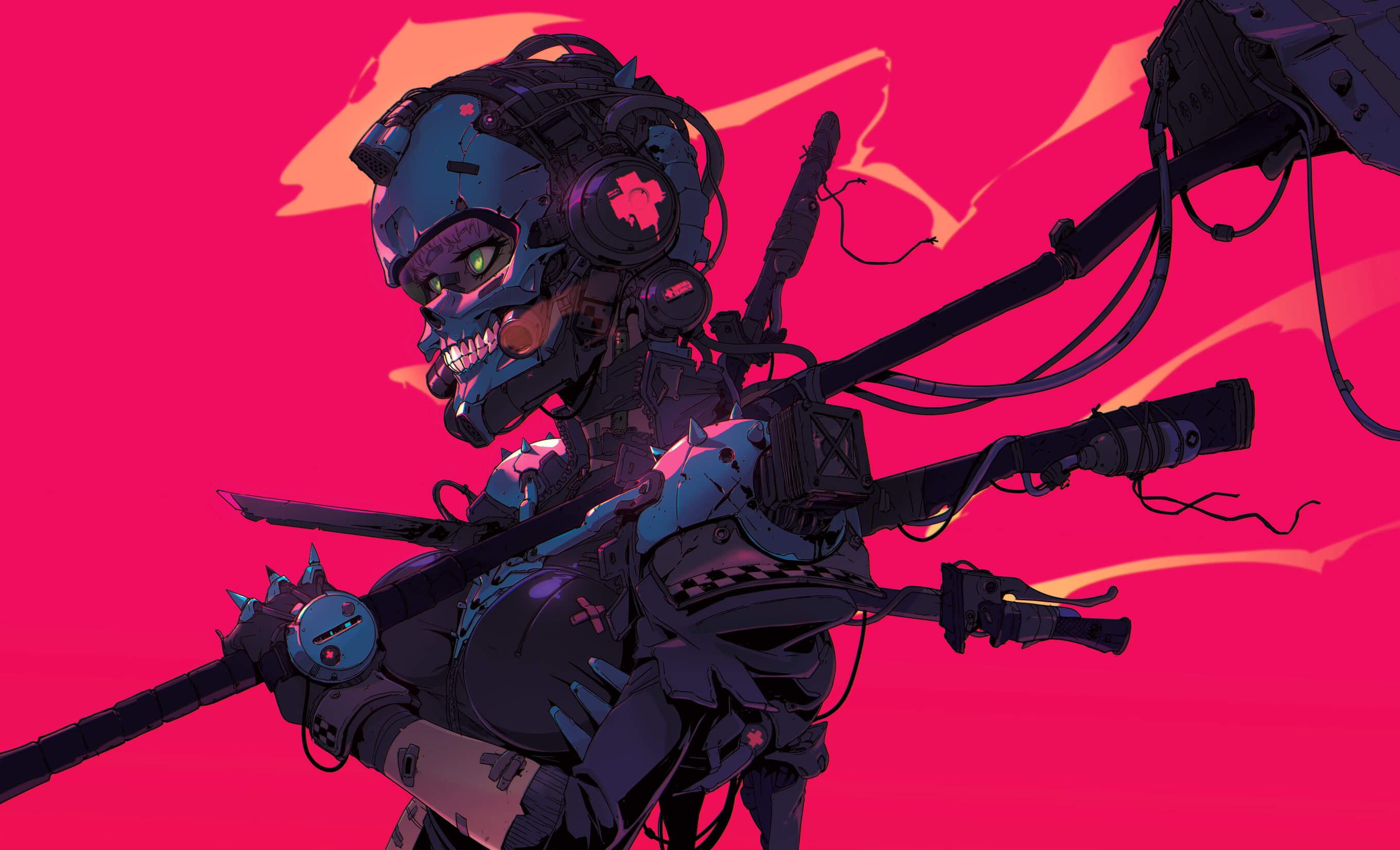 Digital artwork 'Revenger' by Sheldon Vella featuring a cyberpunk-style armoured humanoid with glowing green eyes against a pink background.