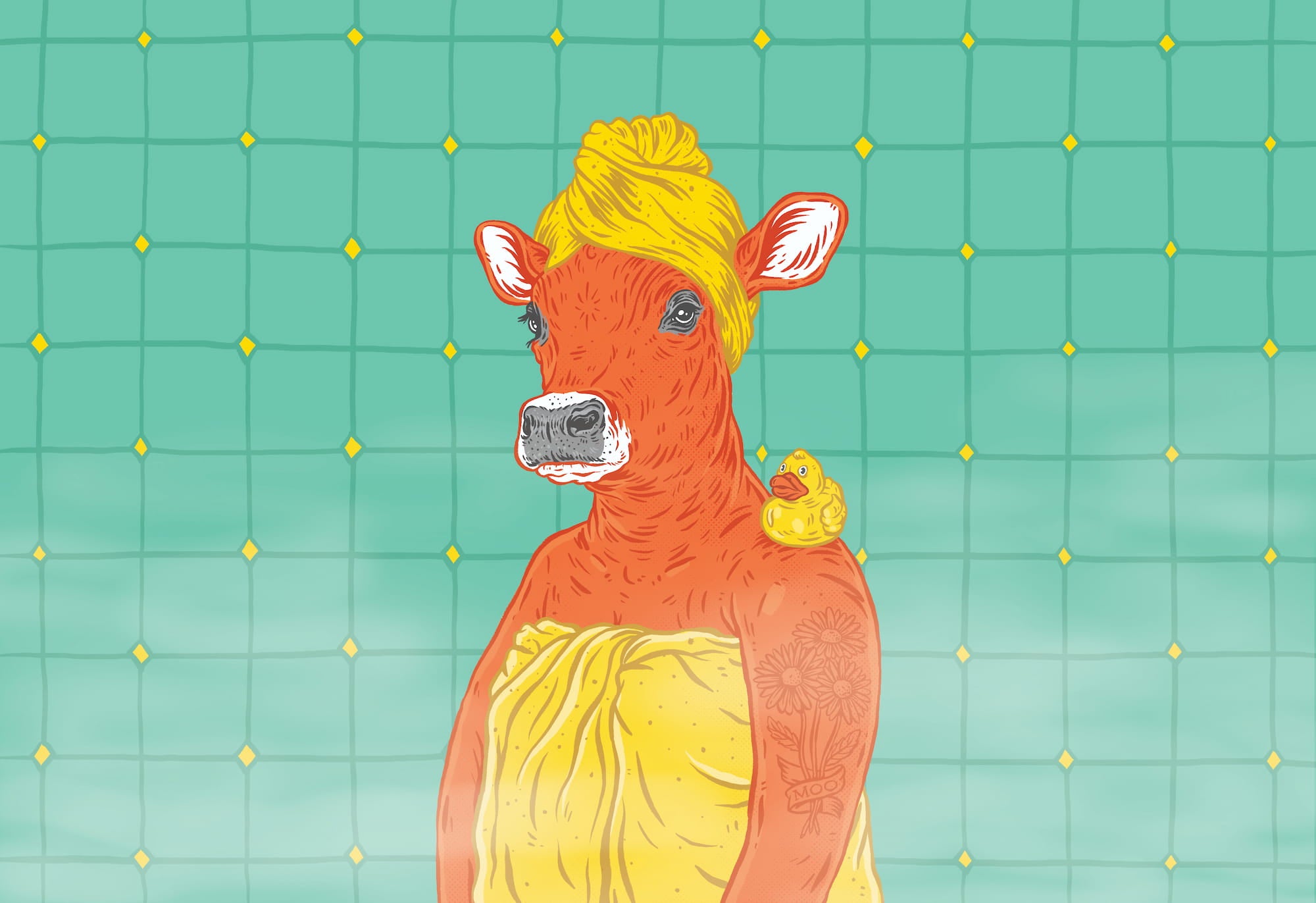 Shower Cow artwork by Amy Slatem, featured on Aether Brewing’s Raspberry Milkshake IPA.