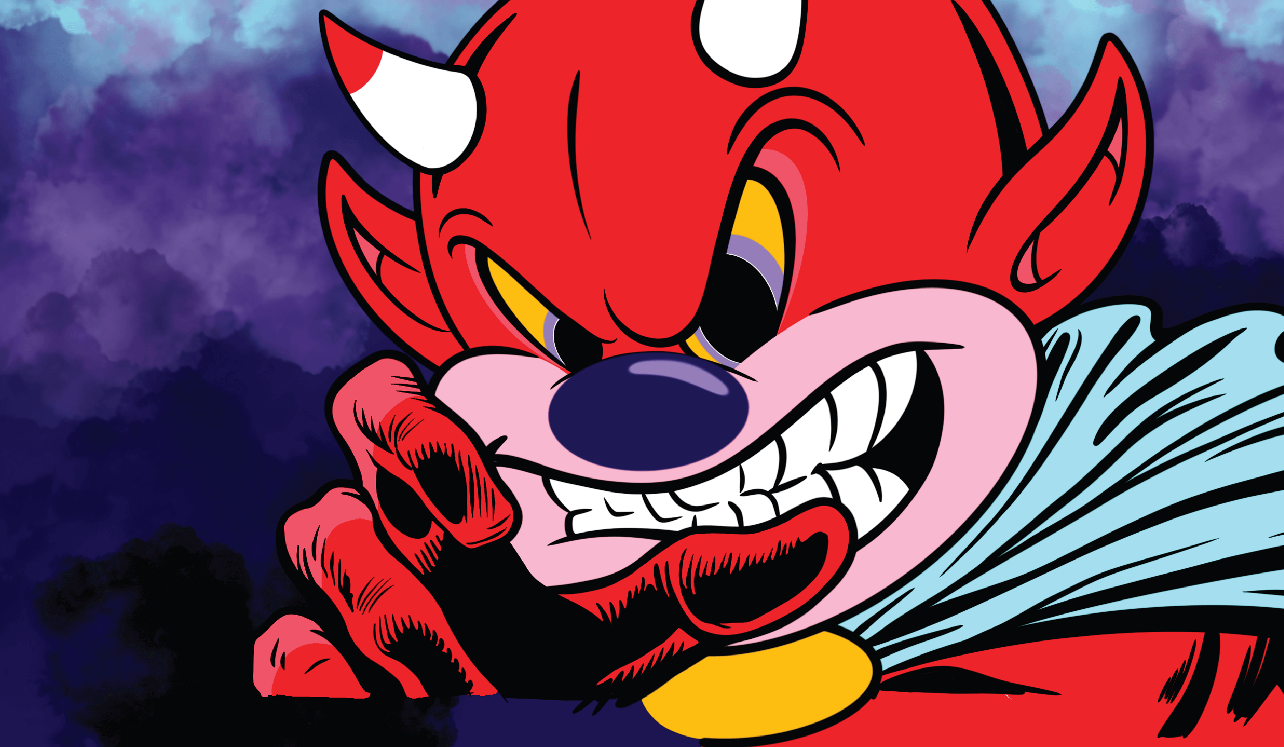 Bold digital artwork 'When They Really Get to Know You, They Will Run' by Aaron Craig, featuring a cartoonish devil character in red, purple, and blue tones, used on Aether Brewing’s sour beer.