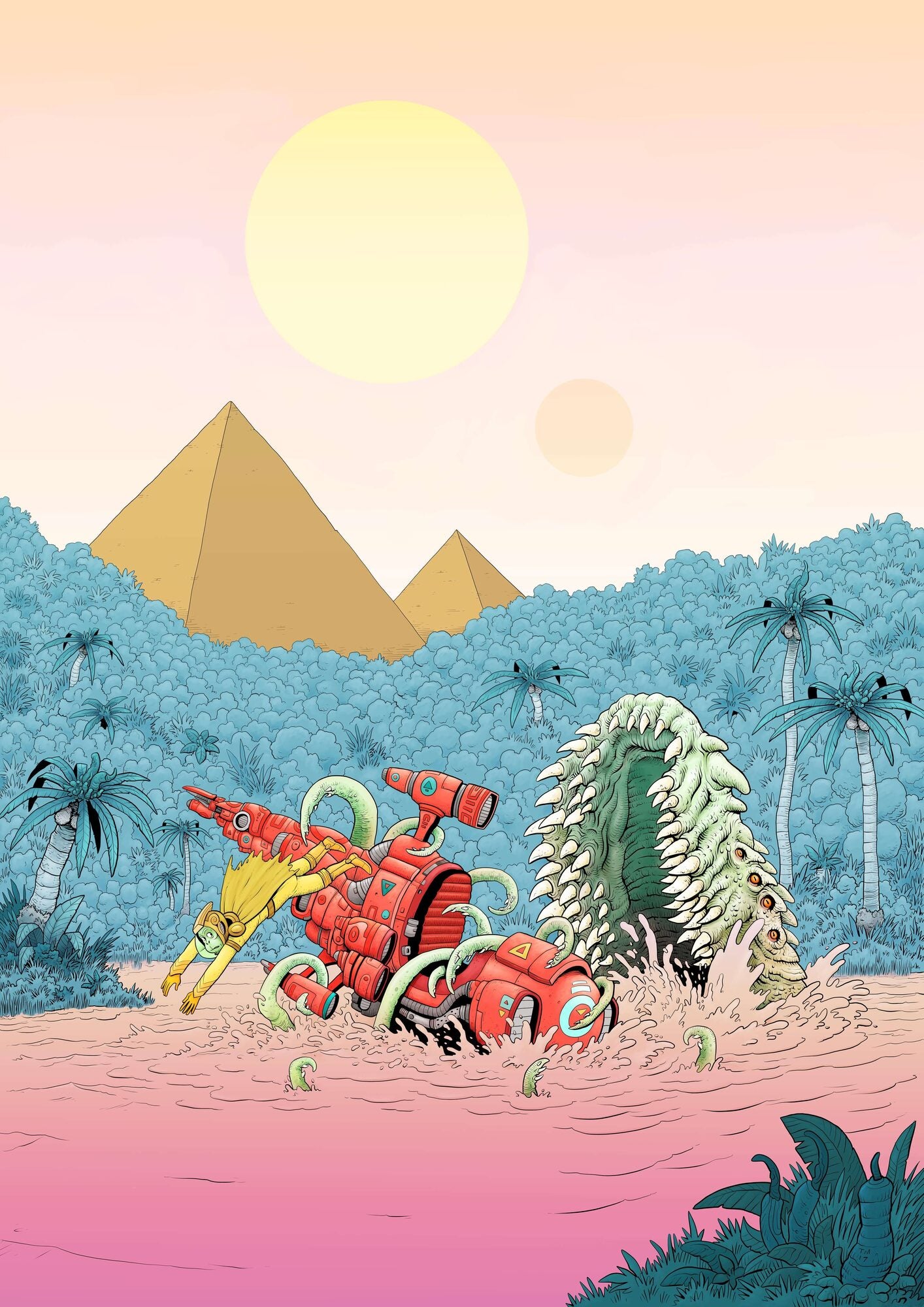 An otherworldly drawing of a vibrant alien landscape with pyramids in the background under a soft pastel sky with two suns. In the foreground, a yellow, humanoid space monkey wearing a helmet is diving from a bright red, futuristic spaceship entangled with green tentacles into a pink, water-like substance. A monstrous creature with a large, toothy maw and multiple eyes emerges from the liquid. The scene is surrounded by lush, blue-green jungle foliage, adding to the surreal and adventurous atmosphere.