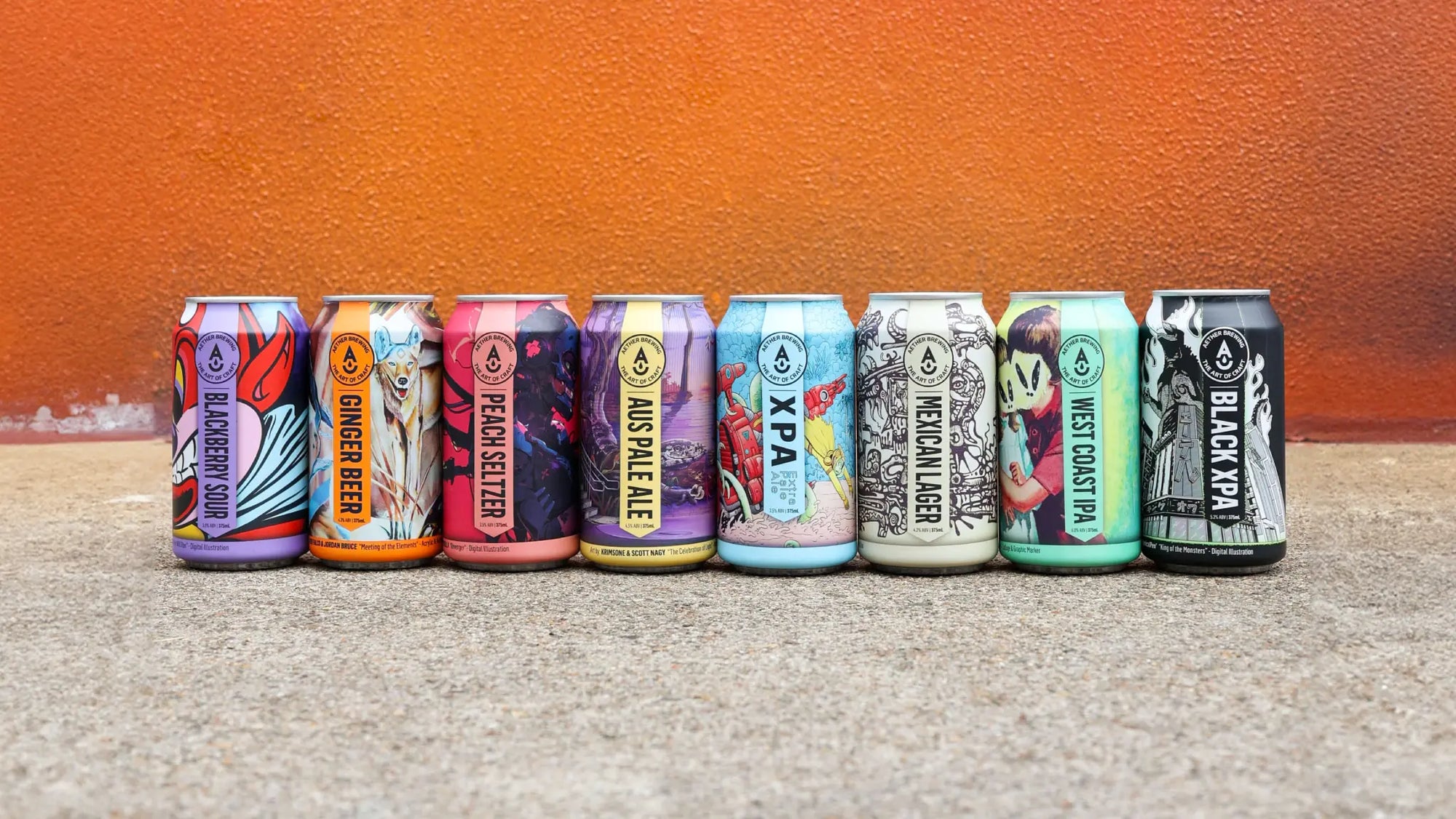 Australian-made craft beers in a colourful lineup from Aether Brewing.  Includes Brisbane's Mexican Lager, XPA, IPA, Aus Pale Ale (Hazy), Ginger Beer, Blackberry Sour, Black XPA and Hard Peach Seltzer. The photo is taken at the independent brewery in Northgate. All-natural, preservative-free beer.