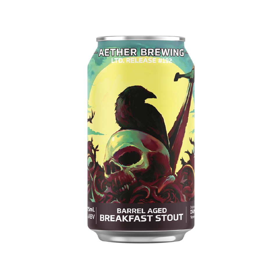 Aether Brewing Barrel-Aged Breakfast Stout – stout with coffee, donut and oak, featuring artwork by Dan Brook – Brisbane, Australia.