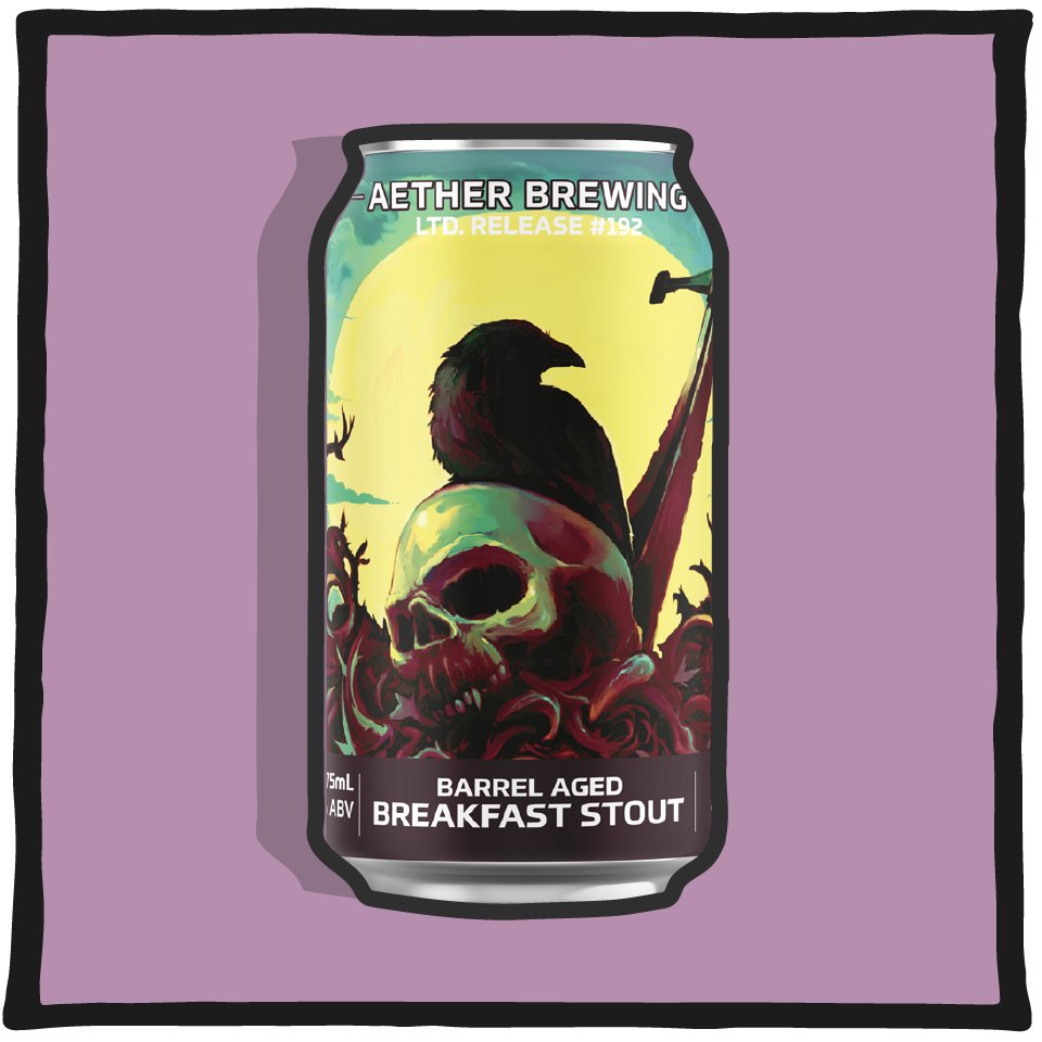 Aether Brewing Barrel Aged Breakfast Stout – rich Brisbane craft stout aged in oak barrels with dark roasted malt character on a purple background