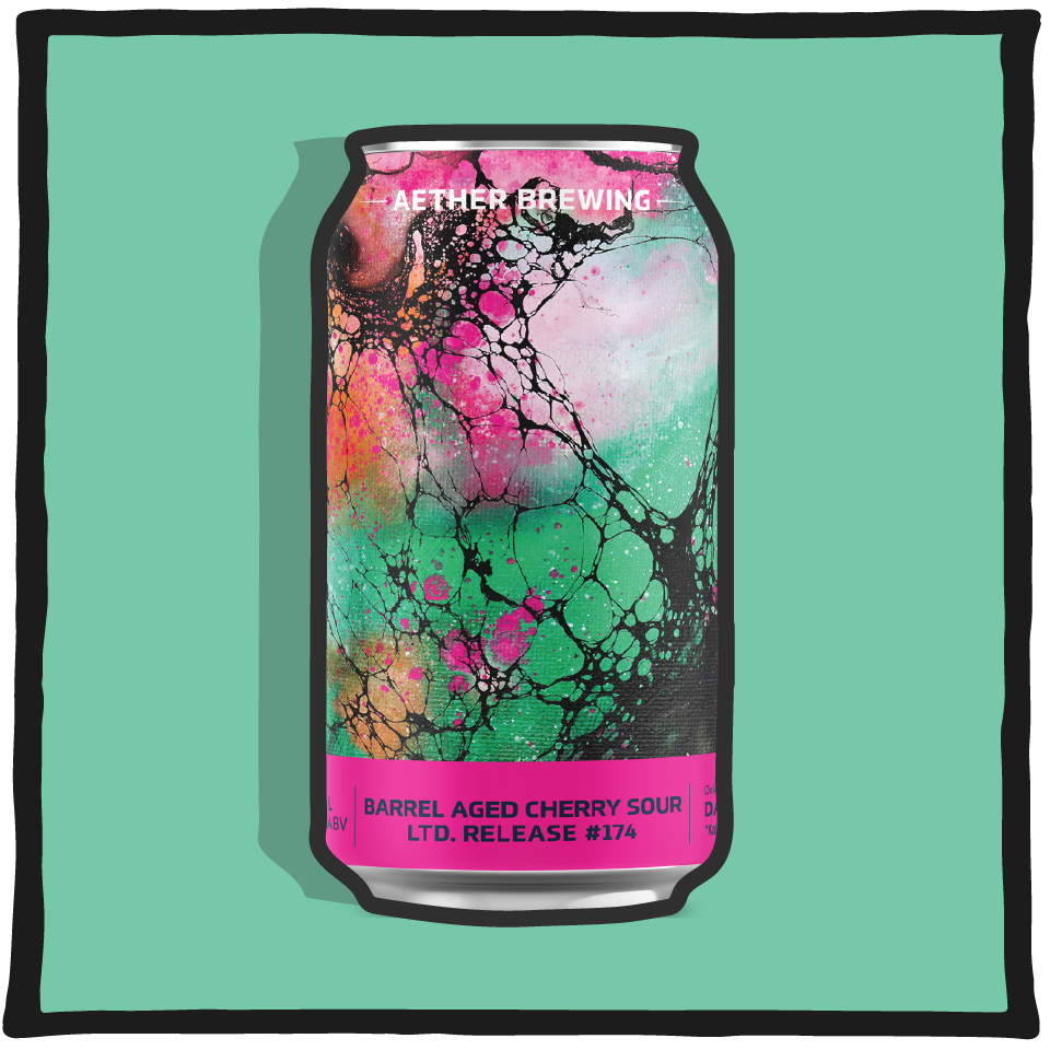 Aether Brewing Barrel Aged Cherry Sour – Brisbane craft beer with tart cherry flavour aged in oak barrels on a mint green background
