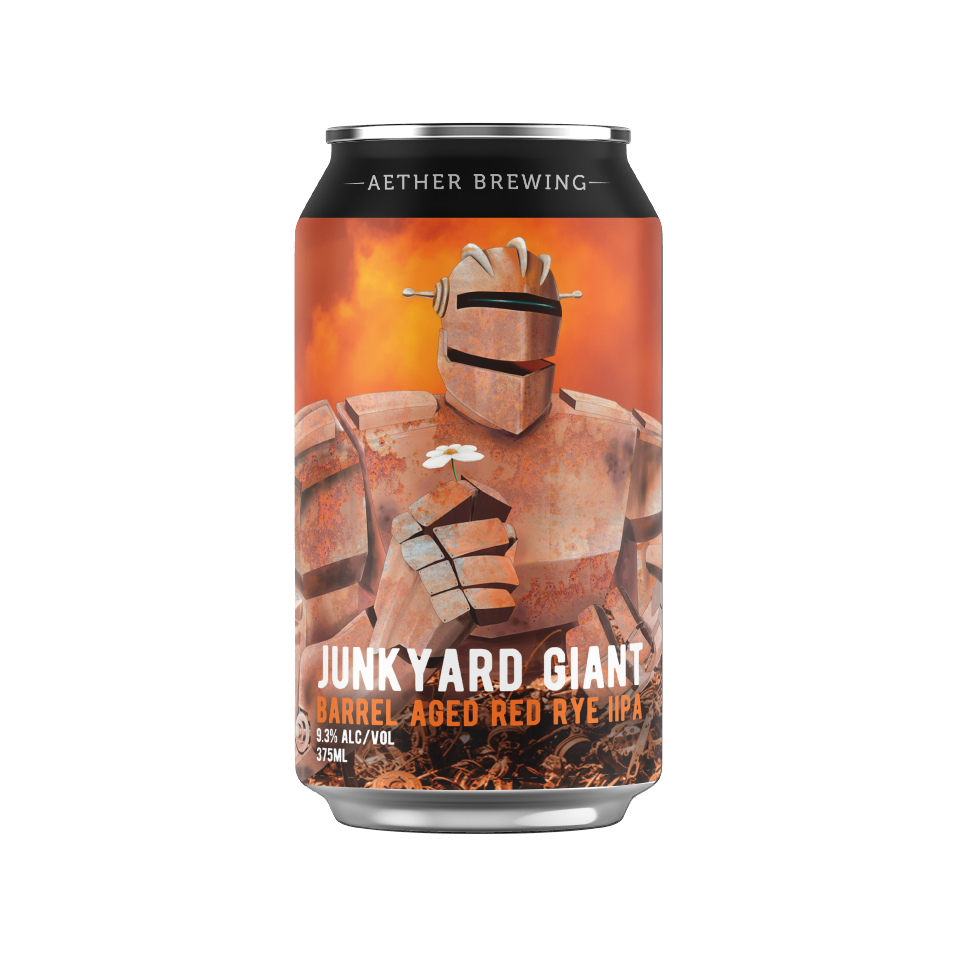 Aether Brewing Junkyard Giant – barrel-aged red rye DIPA with citrus, pine & oak – craft beer can with digital illustration by best Australian artist Steve Falco, Queensland – limited edition Australian double IPA