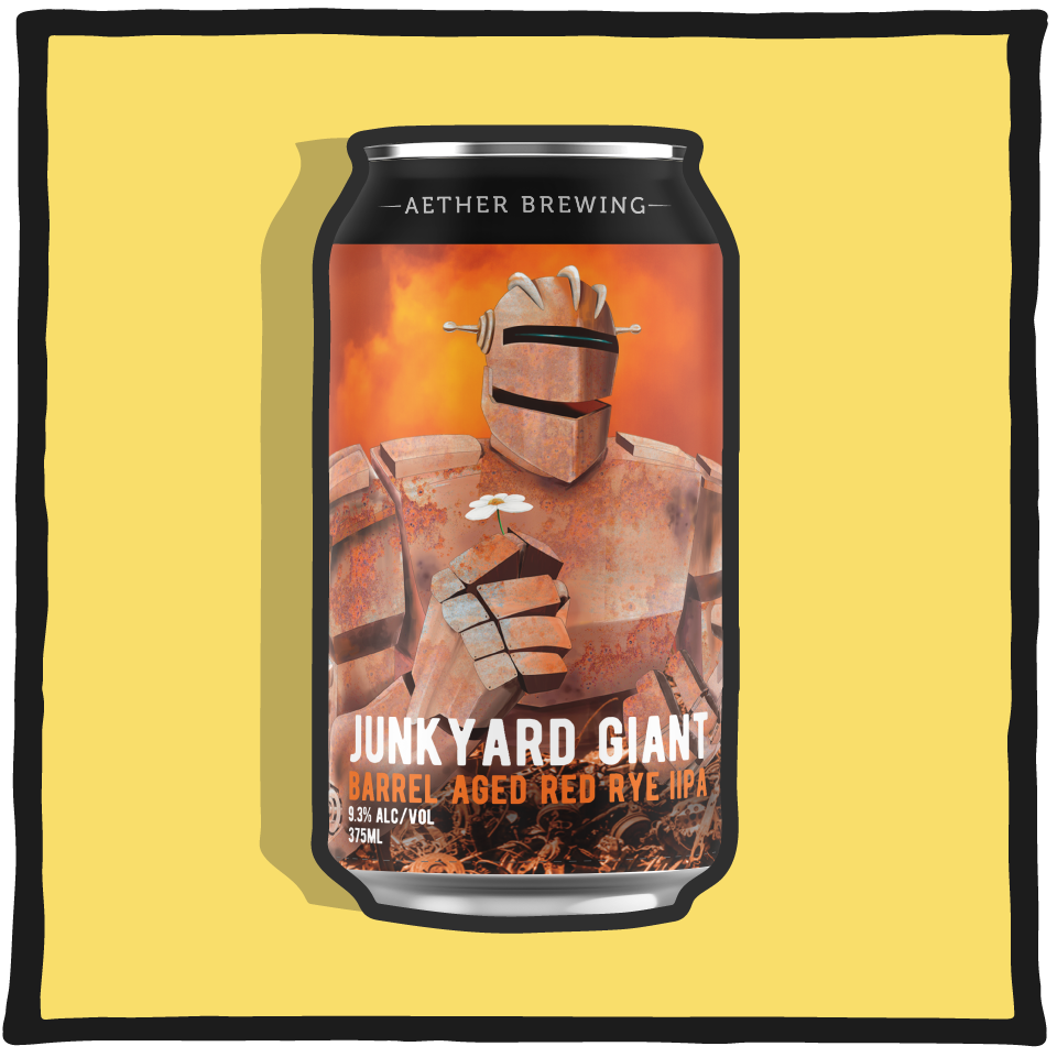 Aether Brewing Barrel Aged Red Rye DIPA – Brisbane barrel-aged double IPA brewed with rye malt and tropical hops on a yellow background