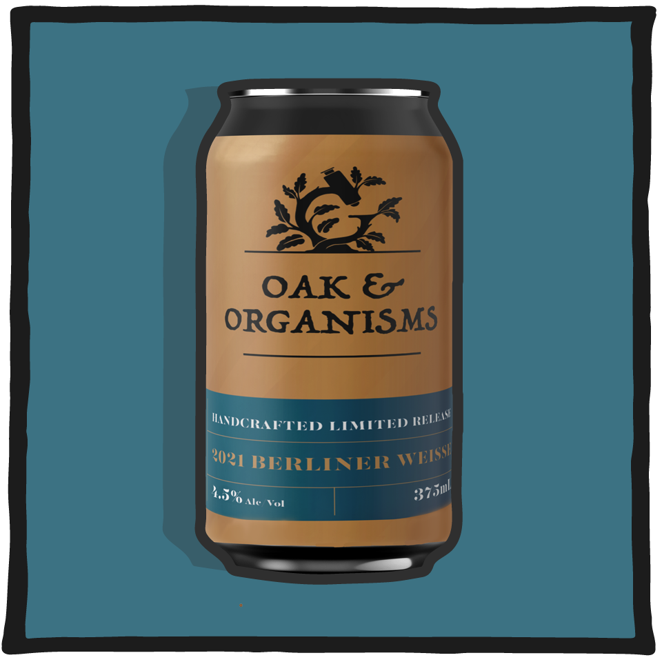 Aether Brewing Berliner Weisse Oak Organisms – tart barrel-fermented Brisbane sour beer aged on oak, featuring golden artwork on a tan background