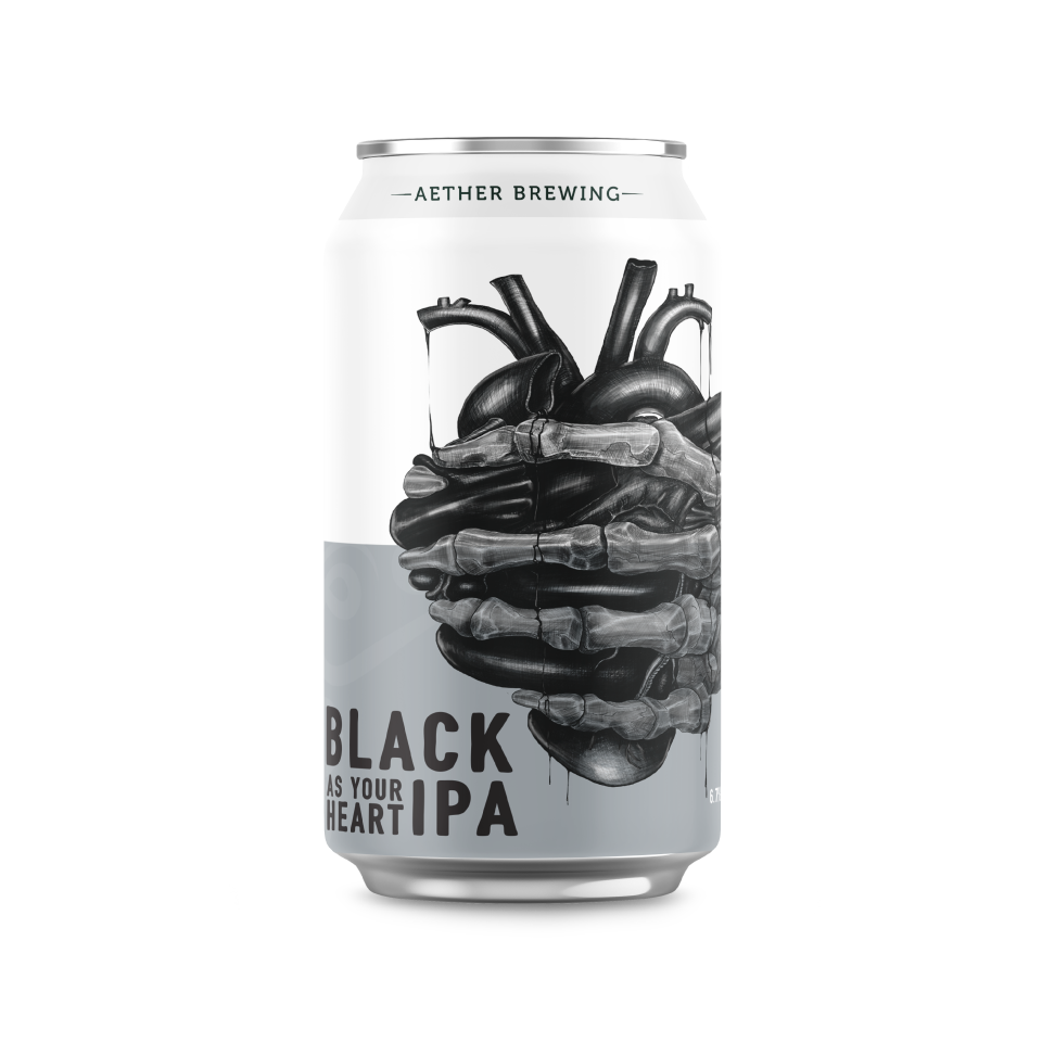 Aether Brewing Black As Your Heart – roasted malt and bold hops – artwork by Steve Falco – multi-award-winning black IPA from Brisbane.