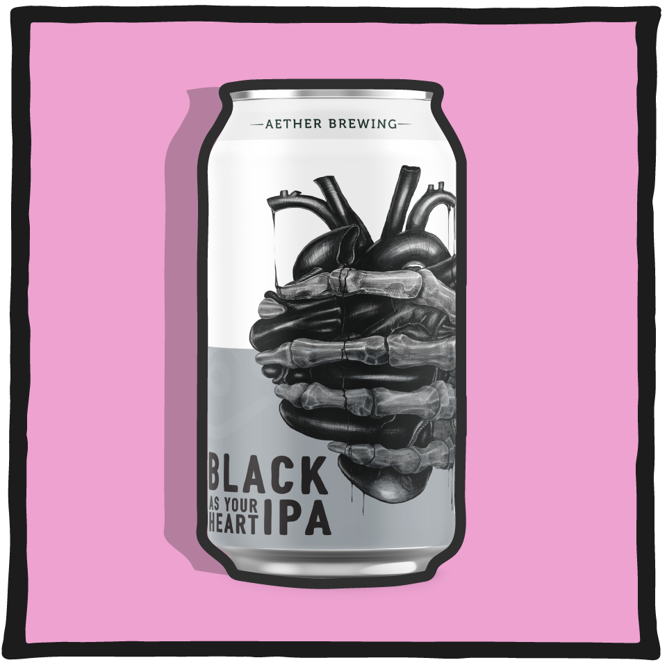 Aether Brewing Black As Your Heart Black IPA – Brisbane black IPA with dark roasted malt and pink background