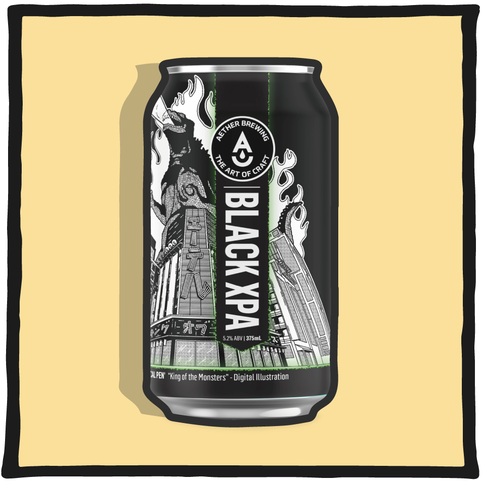 Aether Brewing Black XPA – balanced Brisbane dark XPA craft beer with roasted notes on a yellow background