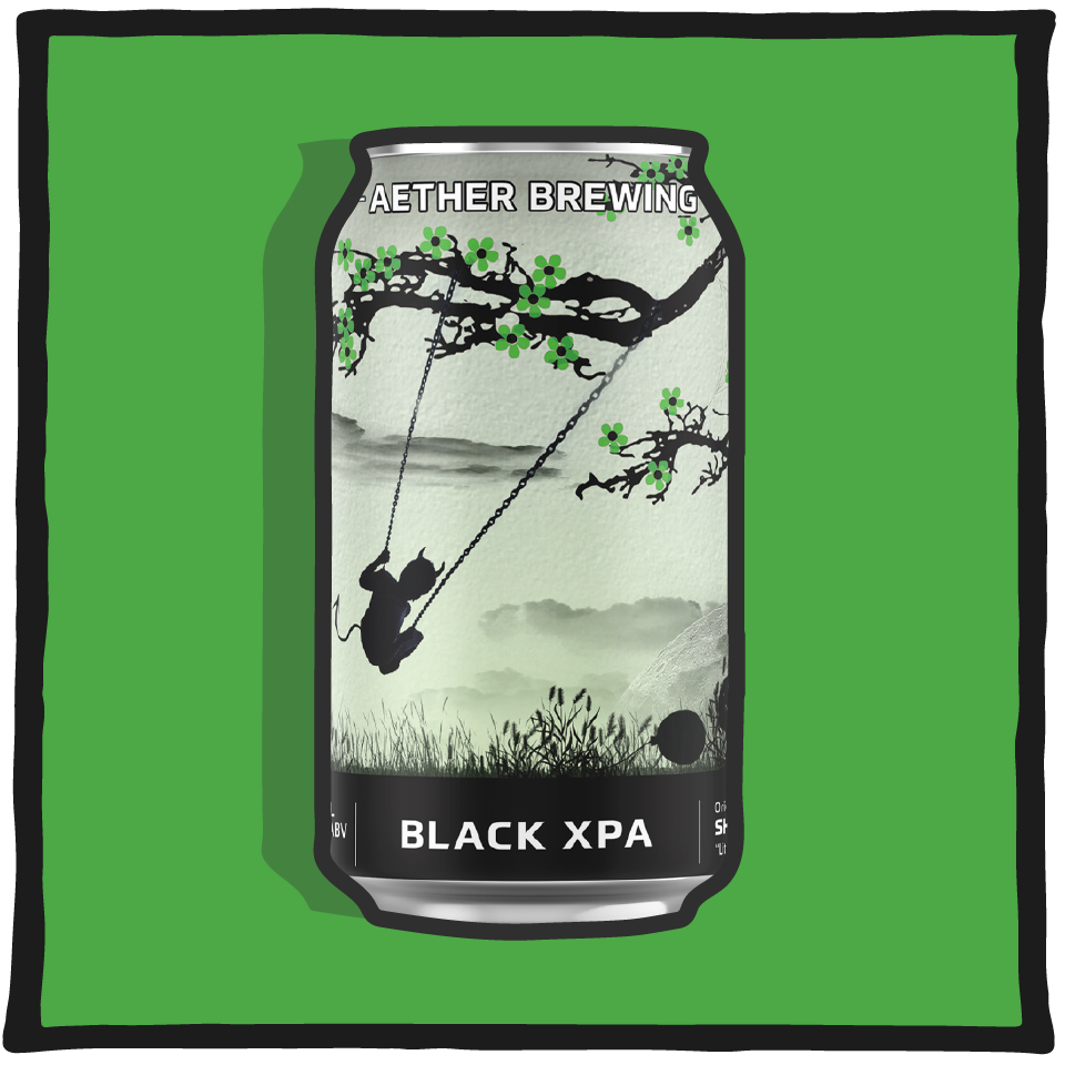 Aether Brewing Black XPA V2 – rich Brisbane black XPA with citrus hop aroma on a pale green background