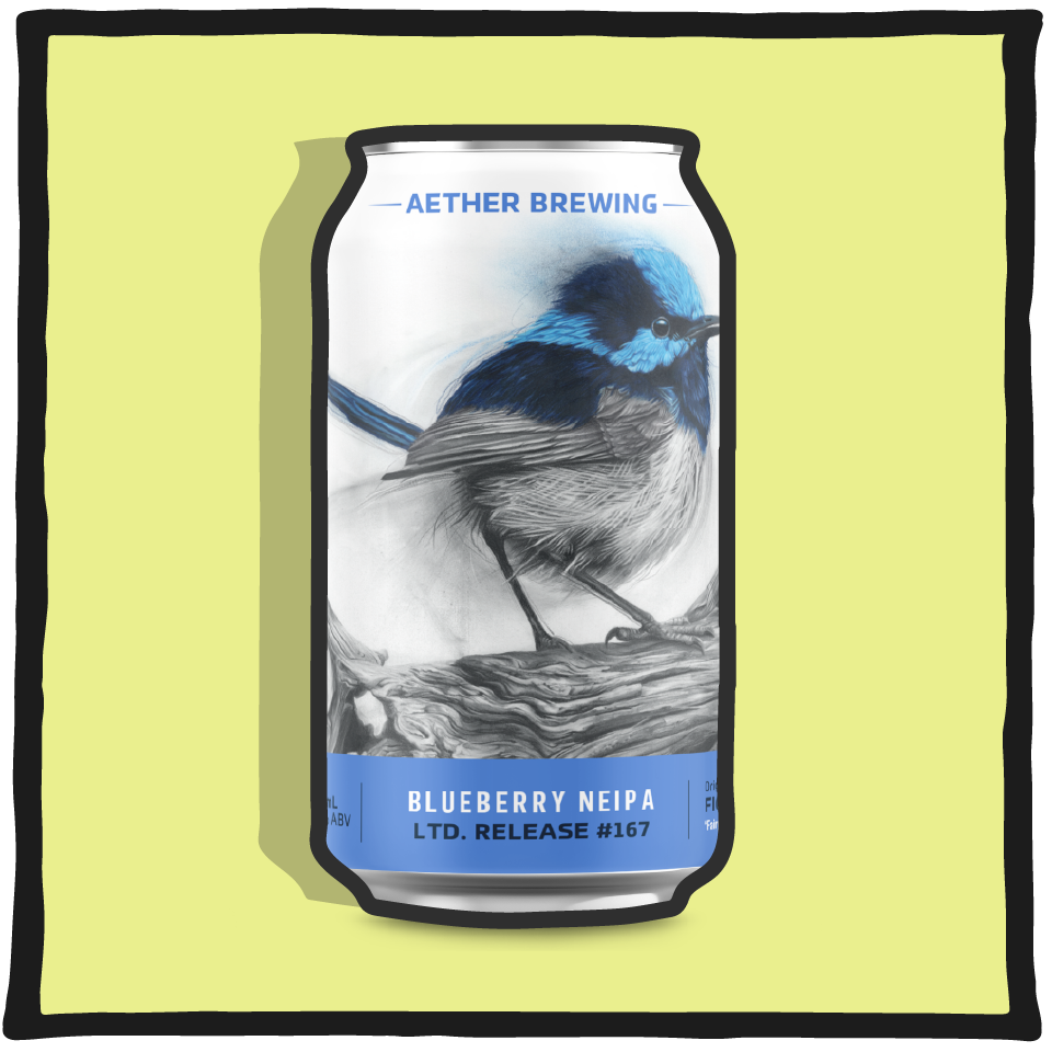 Aether Brewing Blueberry NEIPA – Brisbane hazy IPA brewed with blueberries and tropical hops on a yellow background