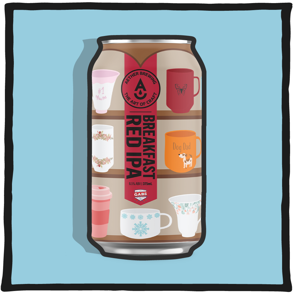 Aether Brewing Breakfast Red IPA Tea Toast – Brisbane red IPA with tea and toast flavour notes on a pale blue background