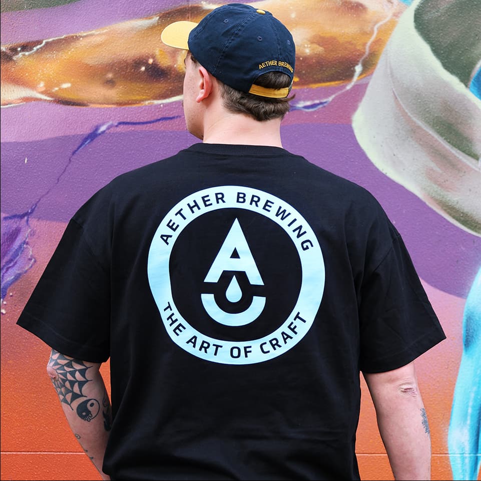 Brewery t-shirt by Aether Brewing – light blue on black, back view