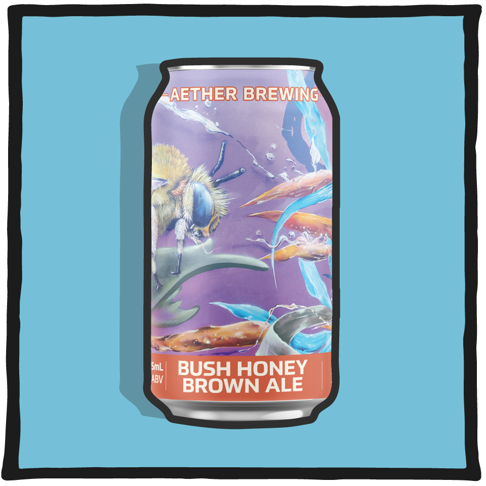 Aether Brewing Bush Honey Brown Ale – Brisbane brown ale brewed with local bush honey on a light blue background
