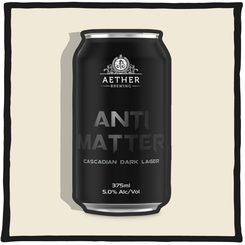 Aether Brewing Cascadian Dark Lager Antithesis – dark Brisbane lager with pine and roasted malt notes on a black background