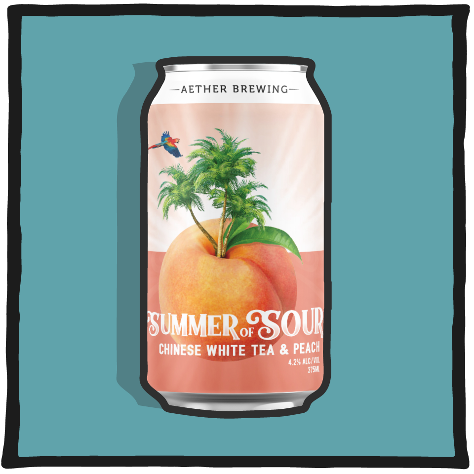 Aether Brewing Chinese White Tea Peach Sour – Brisbane craft sour beer brewed with white tea and peach on a teal background