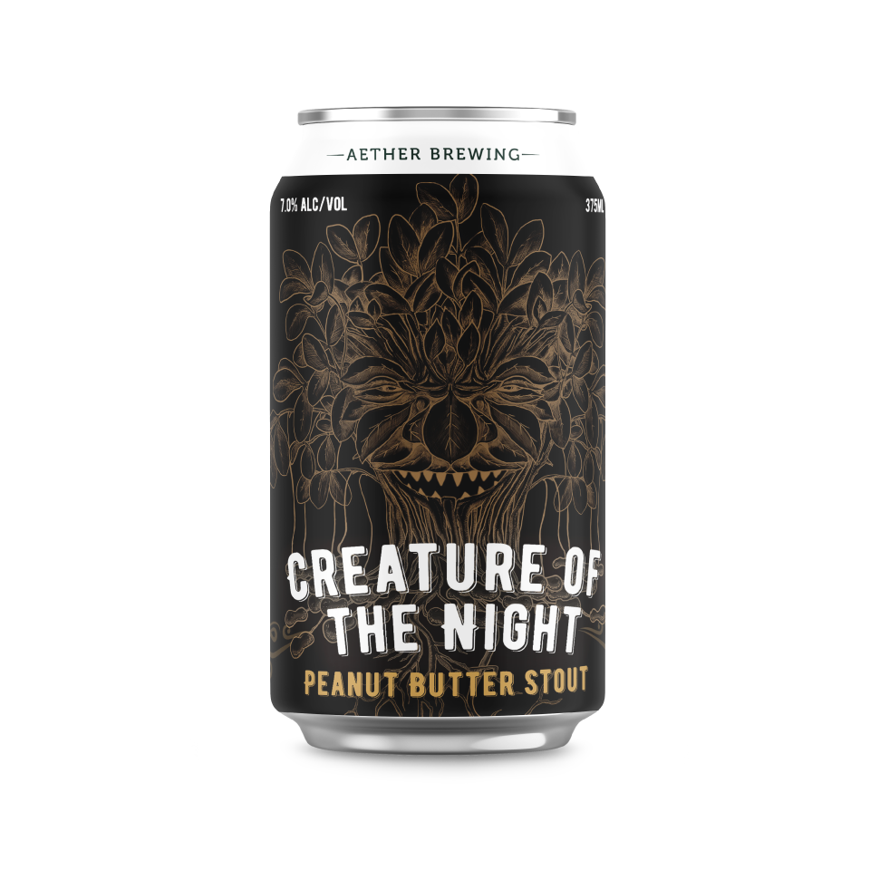 Aether Brewing Creature of the Night – peanut butter stout with dessert notes – craft beer can with digital illustration by best Australian artist Steve Falco, Queensland – limited edition Australian stout