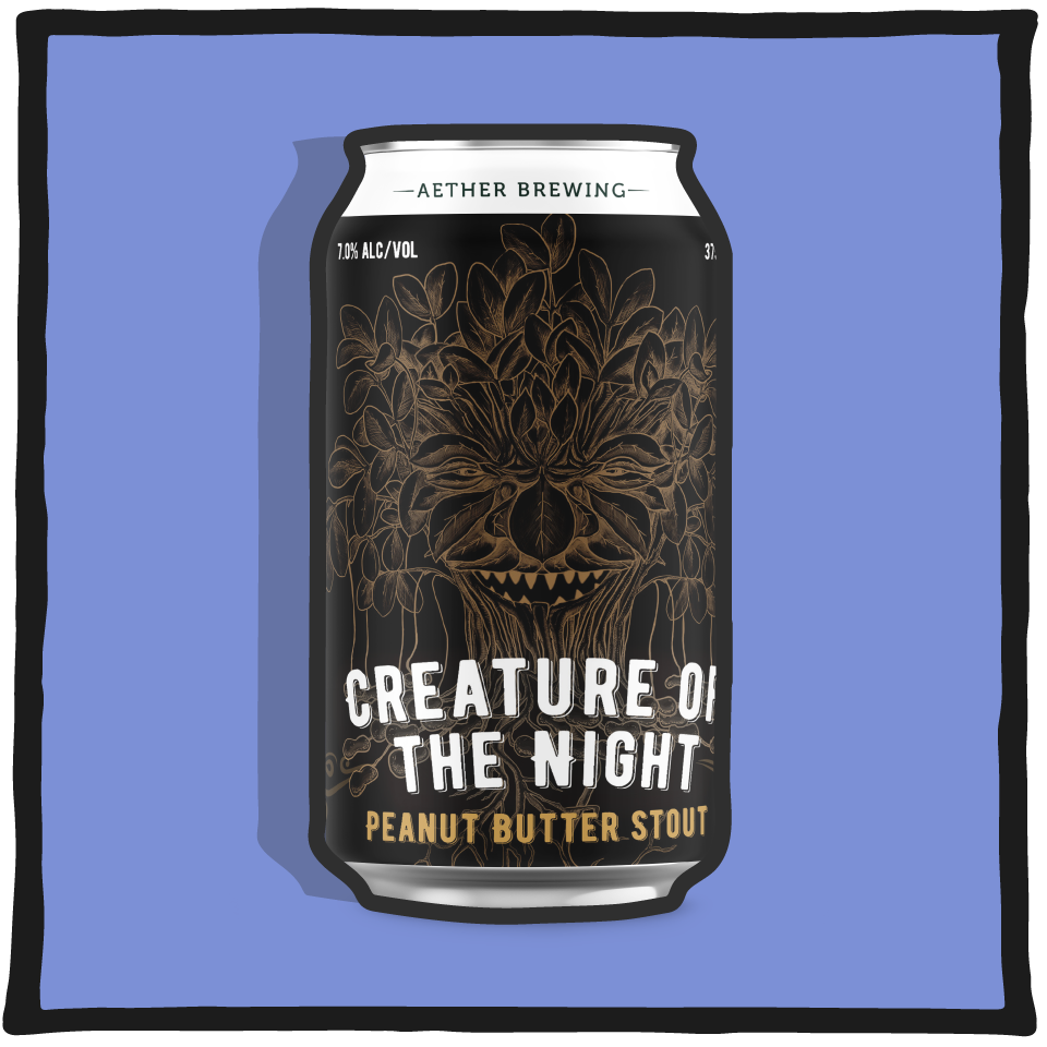 Aether Brewing Creature of the Night Peanut Butter Stout – Brisbane stout brewed with peanut butter and roasted malt on a navy background