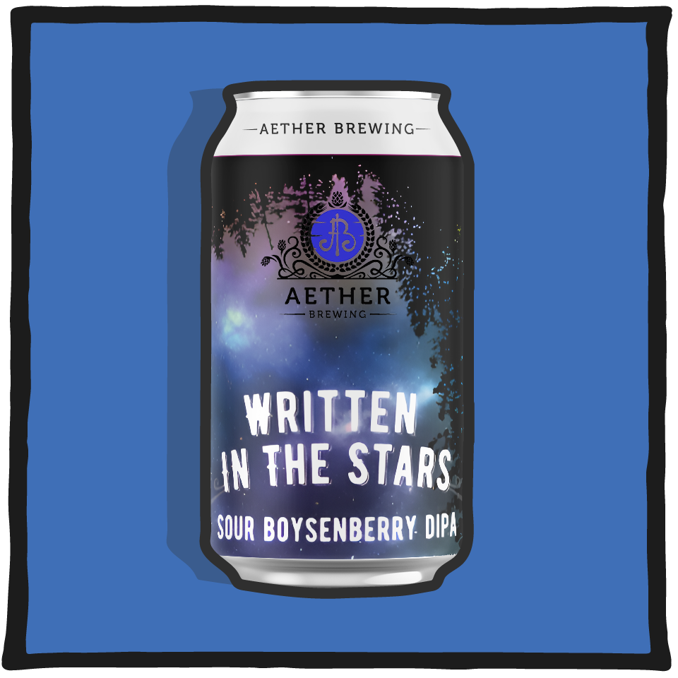 Aether Brewing DIPA Sour Boysenberry Written in the Stars – Brisbane double IPA and sour hybrid with boysenberry on a deep blue background