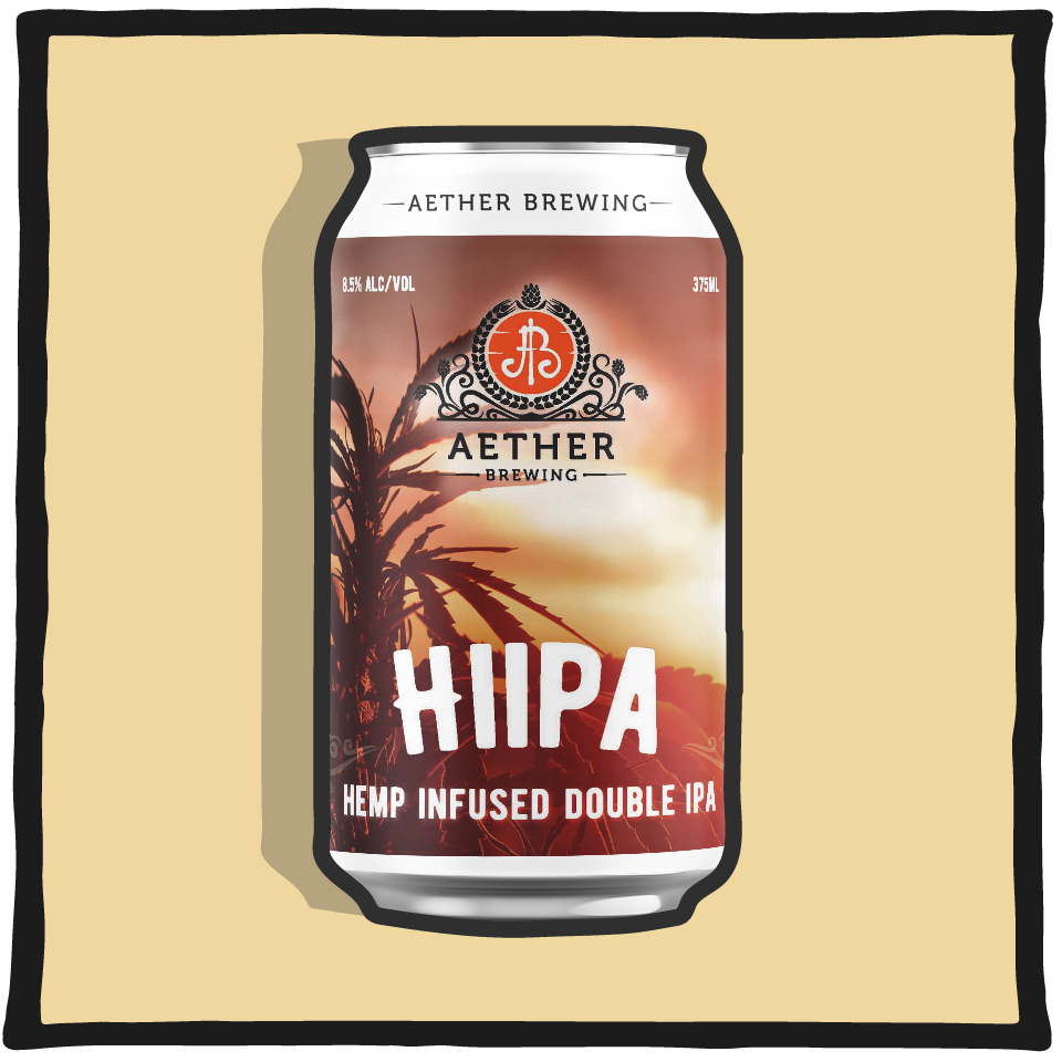 Aether Brewing Double IPA Hemp Infused HIPA – bold Brisbane double IPA infused with hemp and tropical hops on a warm beige background