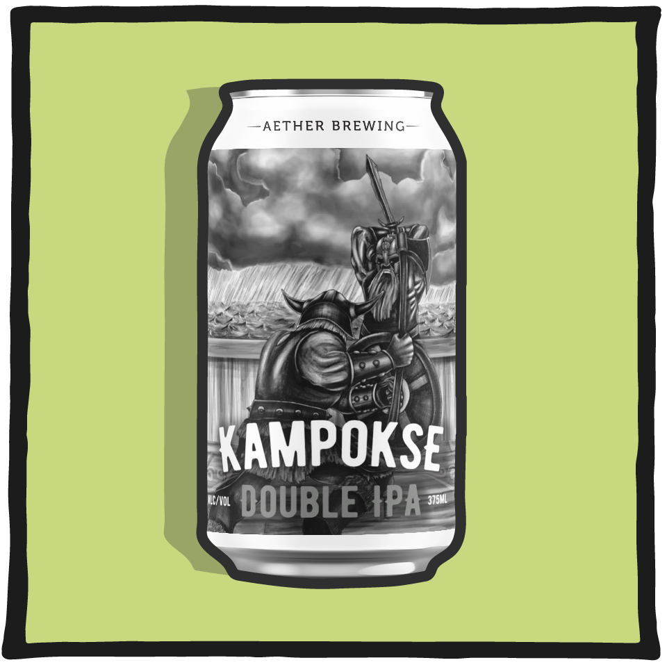 Aether Brewing Double IPA Kamposke – Brisbane double IPA with strong hop bitterness and citrus aroma on a pale green background
