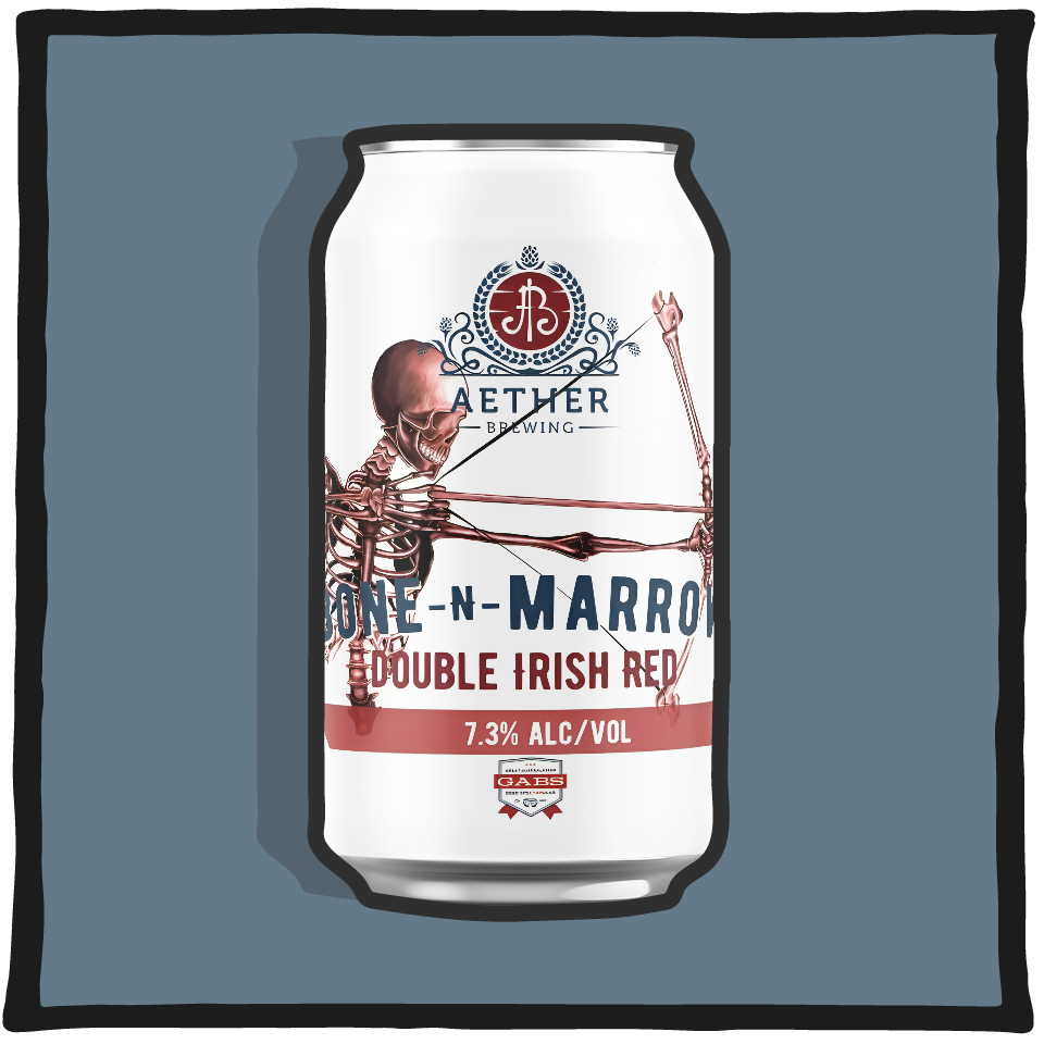 Aether Brewing Double Irish Red Bone N Marrow – Brisbane double Irish red ale with caramel malt flavour on a cool grey background