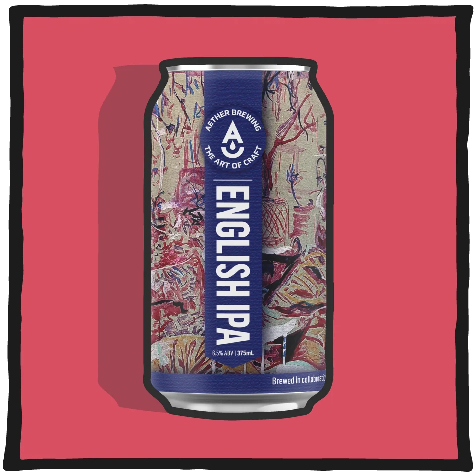English IPA beer can by Aether Brewing Brisbane, shown on a pink background with a hand-drawn outline and shadow.