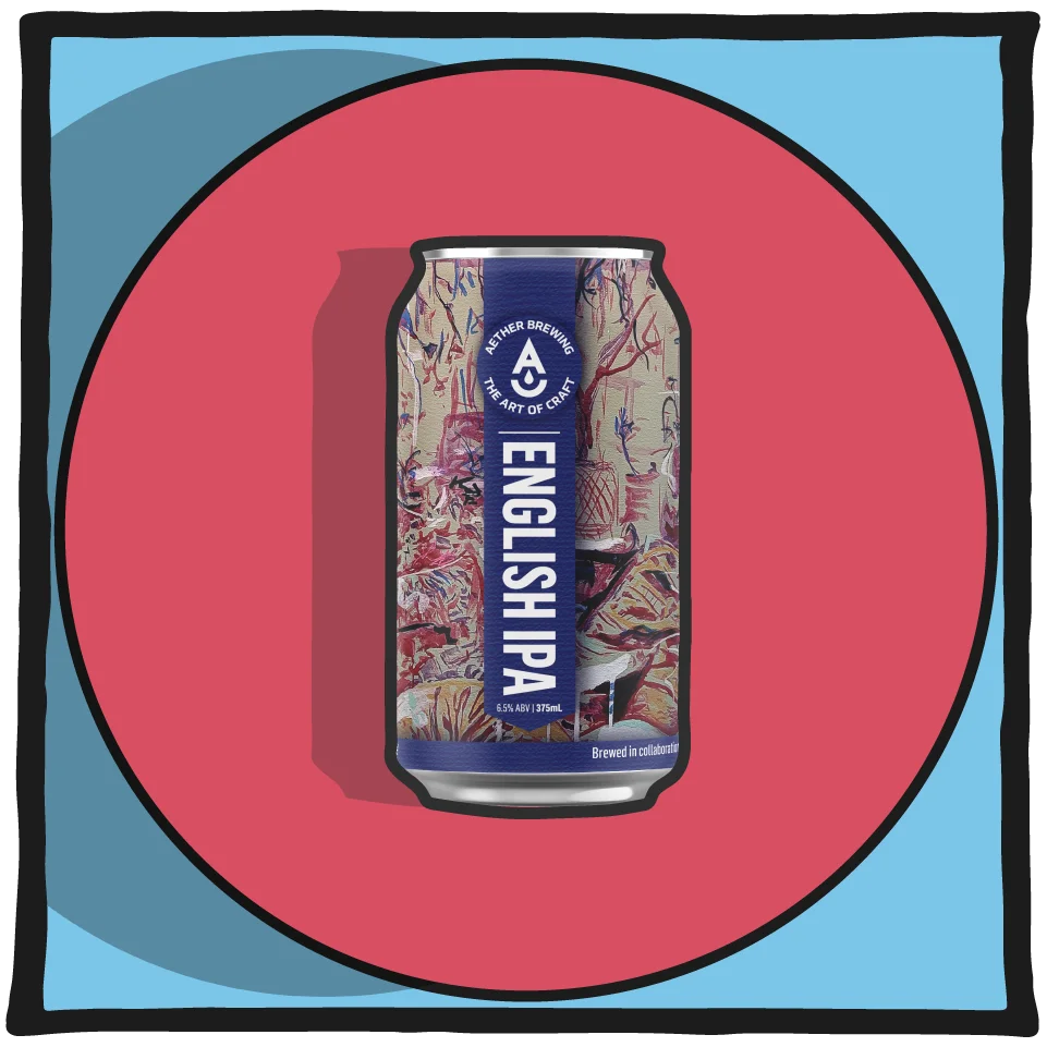 English IPA beer can by Aether Brewing Brisbane, centred on a pink circular background within a blue square with a hand-drawn outline.