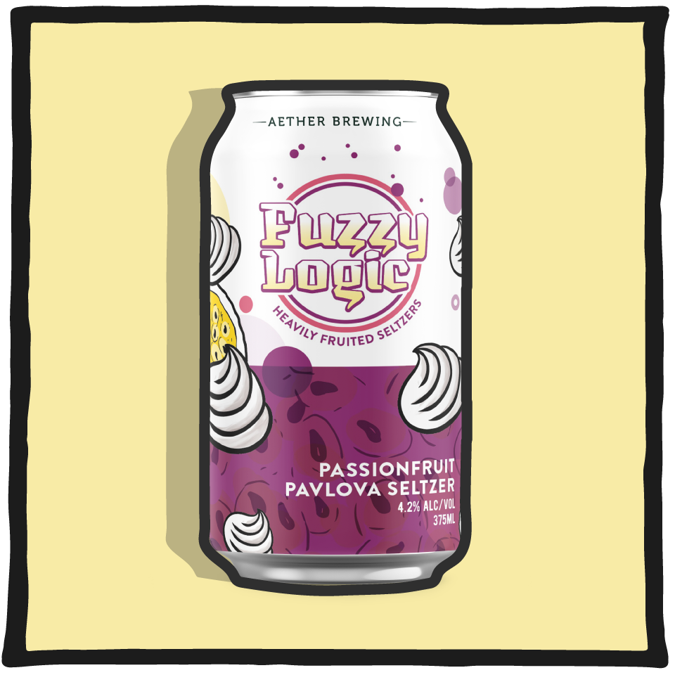 Aether Brewing Fuzzy Logic Passionfruit Pavlova Seltzer – Brisbane seltzer beer with passionfruit and pavlova flavour on a pale yellow background