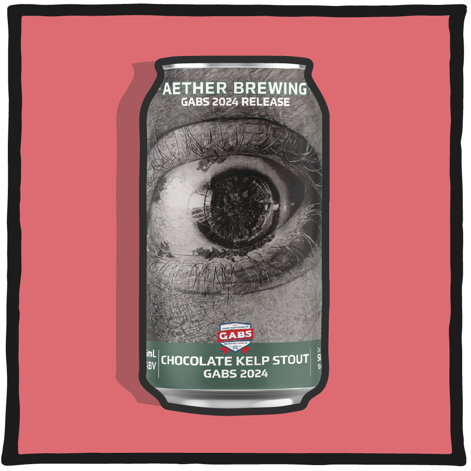 Aether Brewing GABS 2024 Release chocolate kelp stout can on a pink background
