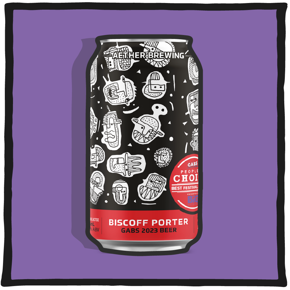Aether Brewing GABS People’s Choice Biscoff Porter – Brisbane dessert-inspired porter brewed with biscuit and caramel flavours on a purple background