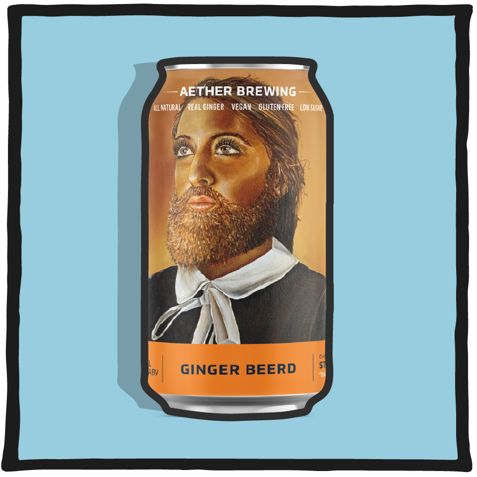 Aether Brewing Ginger Beerd' on a blue background. 2022-24 artwork by Steve Falco.