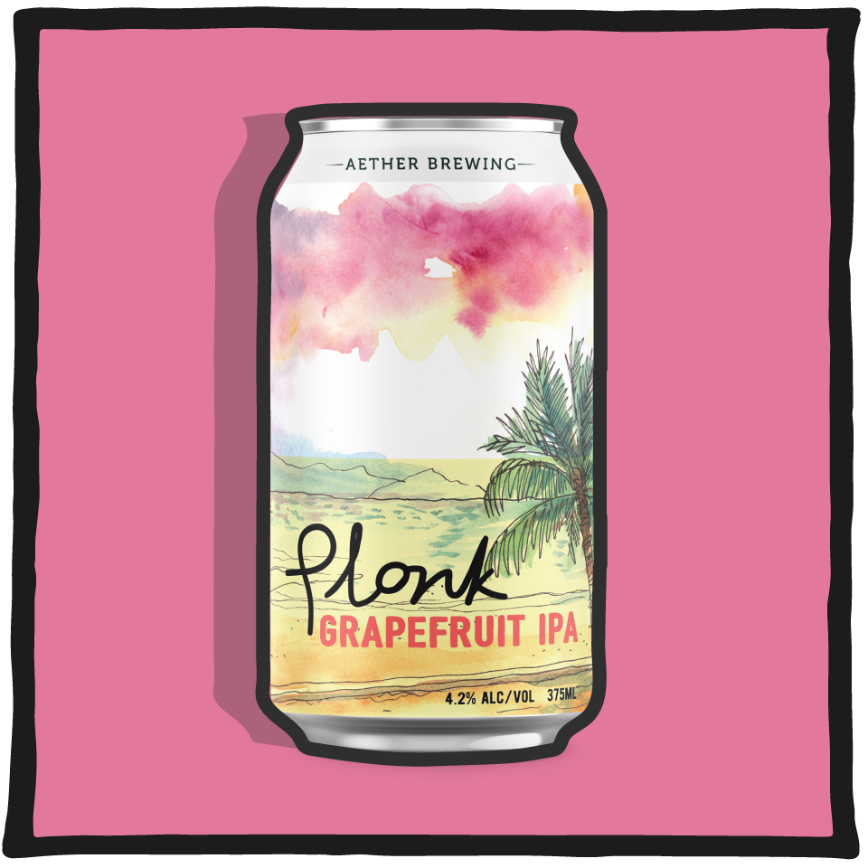 Aether Brewing Grapefruit IPA – Brisbane craft IPA brewed with grapefruit for citrus bitterness on a pink background