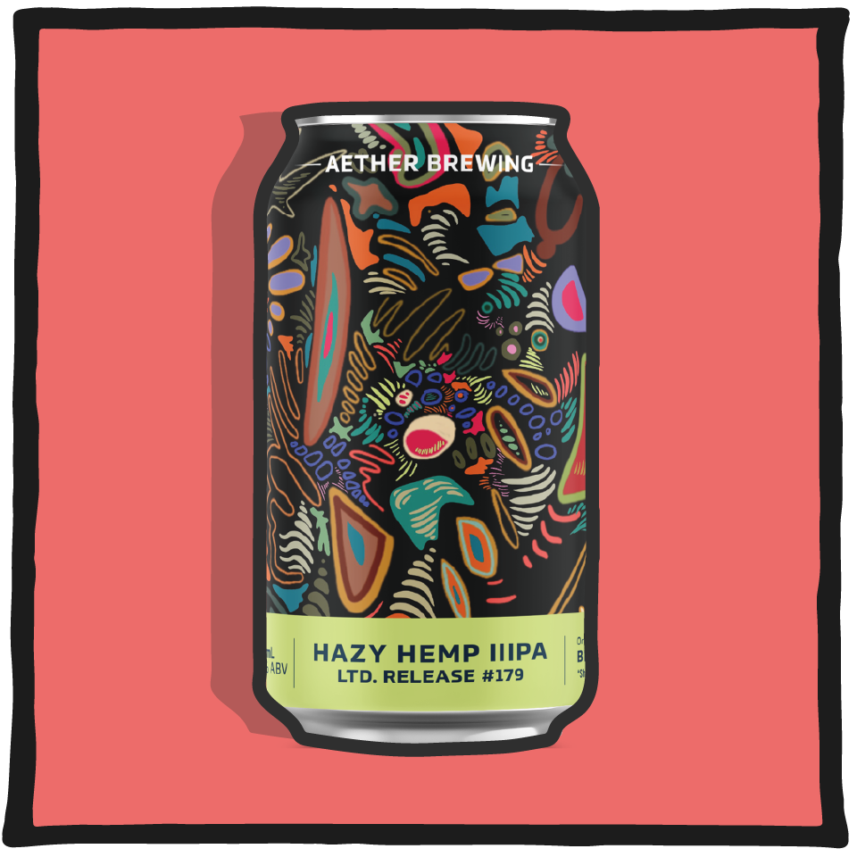 Aether Brewing Hazy Hemp Triple IPA – bold triple IPA brewed in Brisbane with hemp and tropical hops on a red background